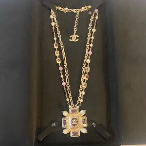 CHANEL Gold and Purple Cross Pendant Necklace